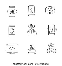 Augmented reality icons. Uses in mobile phone and tablet for gaming, shopping and navigation. Hand-drawn sketch icons