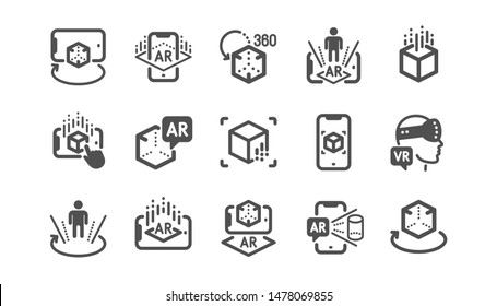 Augmented reality icons. VR simulation, Panorama view, 360 degrees. Virtual reality gaming, augmented, full rotation arrows icons. Classic set. Quality set. Vector