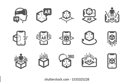 Augmented reality icons. VR simulation, Panorama view, 360 degrees. Virtual reality gaming, augmented, full rotation arrows icons. Classic set. Quality set. Vector