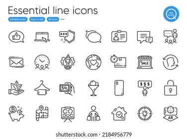 Augmented reality, Id card and Portable computer line icons. Collection of Smartphone cover, Organic product, Talk bubble icons. Feedback, Bitcoin coin, Map web elements. Meeting time. Vector