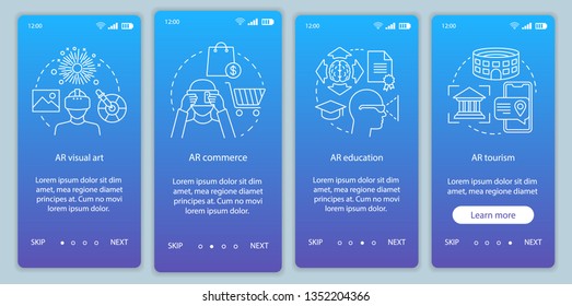 Augmented reality industry onboarding mobile app page screen with concepts. AR visual art, commerce, e learning, tourism walkthrough steps graphic instructions. UX, UI, GUI vector template with icons