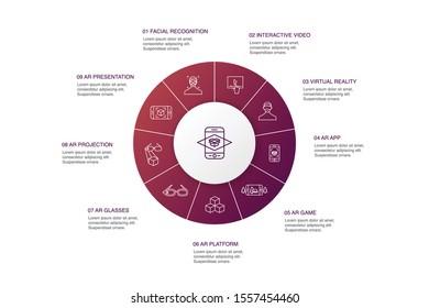 Augmented reality Infographic 10 steps circle design.Facial Recognition, AR app, AR game, Virtual Reality simple icons