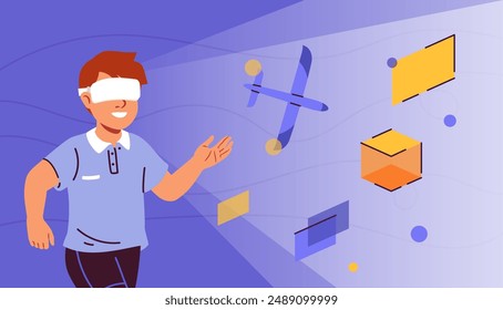 Augmented Reality innovation. Boy in virtual reality glasses looks at airplane and computer monitor. Cyberspace and metaverse simulation. Modern technologies. Flat vector illustration