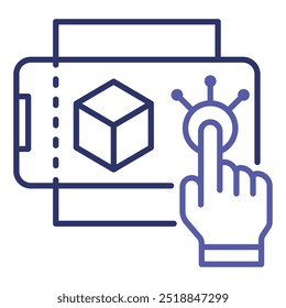 Augmented Reality Interaction.Simple icon of  cube and mobile, finger on screen.  Icon illustrating AR technology for immersive and interactive experiences