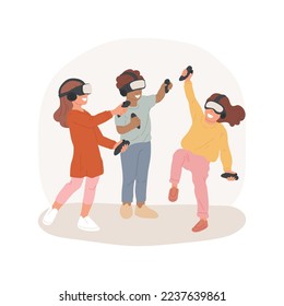 Juego interactivo de realidad aumentada aislado ilustración vectorial de dibujos animados. Grupo de niños jugando vr juego interactuado juntos, desarrollo mental, actividad de ocio para niños de dibujos animados vectores.