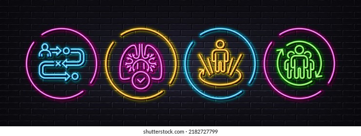 Augmented reality, Journey path and Lungs minimal line icons. Neon laser 3d lights. Teamwork icons. For web, application, printing. Virtual reality, Project process, Respiratory pneumonia. Vector