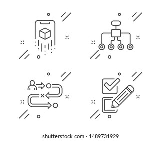 Augmented reality, Journey path and Restructuring line icons set. Checkbox sign. Phone simulation, Project process, Delegate. Survey choice. Line augmented reality outline icon. Vector