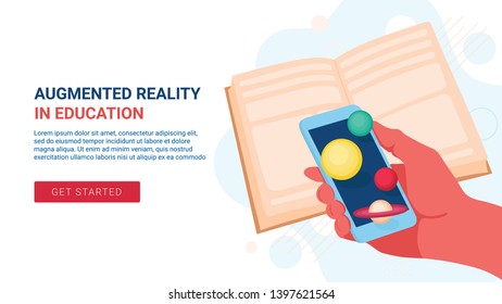 Augmented reality Landing page template. Mobile application that let's you learn astronomy at school or university. Vector flat cartoon illustration