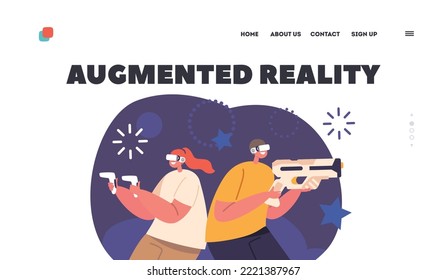 Augmented Reality Landing Page Template. Male and Female Characters Wear Vr Glasses, Guns And Controllers Playing Virtual Online Games. People Use New Technology Gadgets. Cartoon Vector Illustration