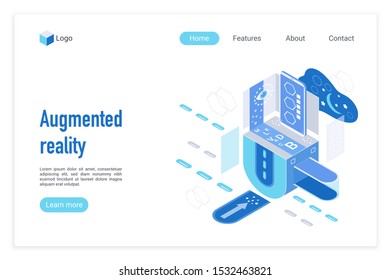 Augmented reality landing page vector template. Interactive technology website homepage interface layout with isometric illustration. AR tech, smart system web banner, webpage 3D concept
