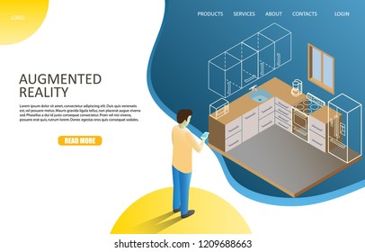 Augmented reality landing page website template. Vector isometric illustration of man placing 3D models of kitchen cabinets to see their ideal placement using smartphone with augmented reality app.