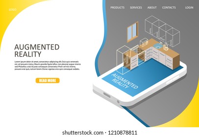 Augmented reality landing page website template. Vector isometric illustration. Augmented reality visualization of kitchen cabinets on smartphone screen.