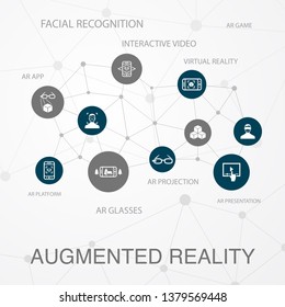 Augmented reality layout template, modern concept infographics. Facial Recognition, AR app, AR game, Virtual Reality icons