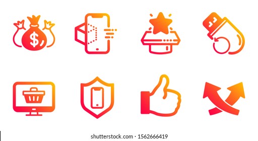 Augmented reality, Like and Check investment line icons set. Flash memory, Web shop and Smartphone protection signs. Winner podium, Intersection arrows symbols. Phone simulation, Thumbs up. Vector