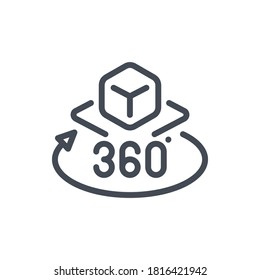 Augmented reality line icon. Cube with rotating arrow and 360 vector outline sign.