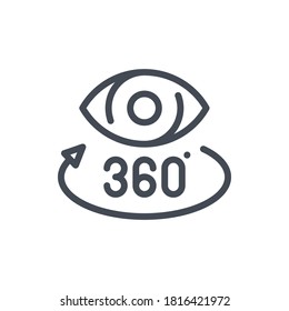 Augmented reality line icon. Eye with rotating arrow and 360 vector outline sign.