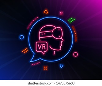 Augmented reality line icon. Neon laser lights. VR simulation sign. Gaming headset glasses symbol. Glow laser speech bubble. Neon lights chat bubble. Banner badge with augmented reality icon. Vector