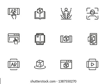 Augmented reality line icon set. Smartphone, games, book reader. Modern technology concept. Can be used for topics like 3d modeling, simulators, development