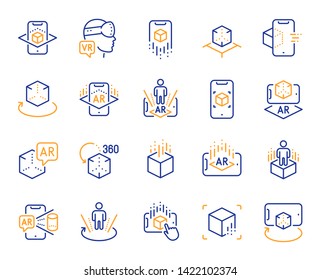 Augmented reality line icons. VR simulation, Panorama view, 360 degree. Virtual reality gaming, augmented, full rotation arrows icons. 360 vr tour, virtual simulation device. Vector