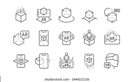 Augmented reality line icons. VR simulation, Panorama view, 360 degrees. Virtual reality gaming, augmented, full rotation arrows icons. Linear set. Vector