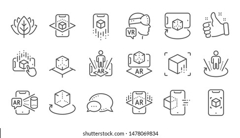 Augmented reality line icons. VR simulation, Panorama view, 360 degrees. Virtual reality gaming, augmented, full rotation arrows icons. Linear set. Quality line set. Vector