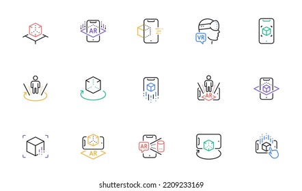 Augmented reality line icons. VR simulation, Panorama view, 360 degrees. Virtual reality gaming, augmented, full rotation arrows icons. Linear set. Bicolor outline web elements. Vector