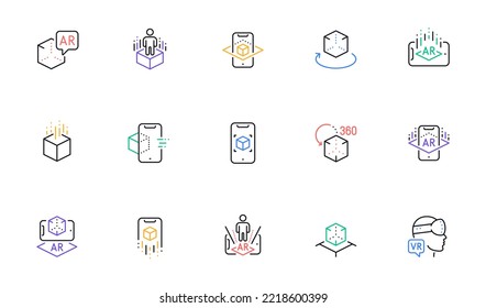 Augmented reality line icons. VR simulation, Panorama view, 360 degrees. Virtual reality gaming, augmented, full rotation arrows icons. Linear set. Bicolor outline web elements. Vector
