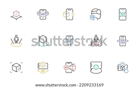 Augmented reality line icons. VR simulation, Panorama view, 360 degrees. Virtual reality gaming, augmented, full rotation arrows icons. Linear set. Bicolor outline web elements. Vector