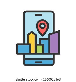 Augmented reality location filled outline icon. AR smartphone with gps location linear color icon. Virtual and augmented reality filled vector icon for web, mobile app, ui design