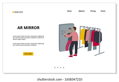 Augmented Reality magic mirror for apparel clothing shopping to chose colour, fit, design, fashion style. Landing web site template. Flat vector illustration people modern technology project promotion