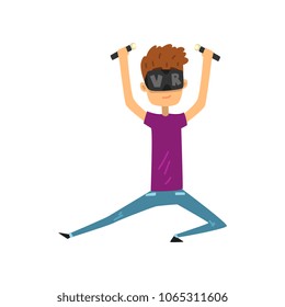 Augmented reality man cartoon character with aim controllers, gaming cyber technology, virtual reality concept vector Illustration on a white background