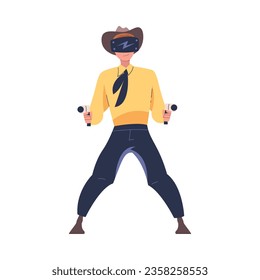 Augmented Reality mit dem Charaktercowboy mit Pistolen in der virtuellen Realität Brillen spielen Spiel auf Simulator-Vektorgrafik
