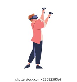 Augmented Reality with Man Character in Virtual Reality Glasses Playing Game on Simulator Vector Illustration