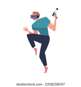 Augmented Reality mit Man Character mit Weapon in Virtual Reality Glasses Playing Game auf Simulator Vektor Illustration