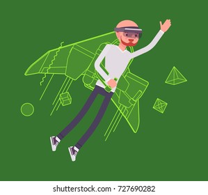 Augmented reality man jetpack flying. High interactive sky viewing, escaping from the real world, fantasy flight. AR and entertainment concept. Vector flat style cartoon illustration