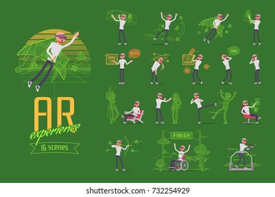 Augmented reality man ready-to-use character set. Various poses, emotions. Full length, front, rear view isolated, green background. AR entertainment concept. Vector flat style cartoon illustration