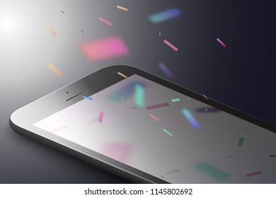 Augmented reality marketing concept. Black color smart phone with colorful bright falling confetti. AR application background. 3D vector illustration.