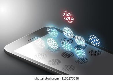 Augmented reality marketing concept. Black color smart phone with minimalistic design shapes, bright color spheres. AR application background. 3D vector illustration.