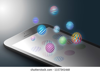 Augmented reality marketing concept. Black color smart phone with minimalistic design shapes, bright color spheres. AR application background. 3D vector illustration.