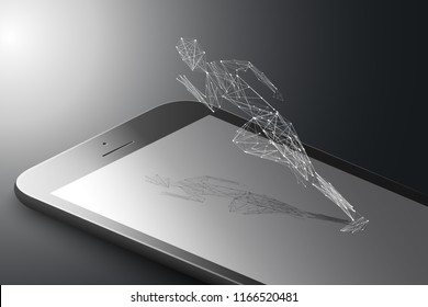 Augmented reality marketing concept. Black color smart phone with polygonal design running man. AR application background. 3D vector illustration
