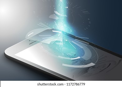 Augmented reality marketing concept. Black color smart phone with abstract tech design graphic element. AR application background. 3D vector illustration.