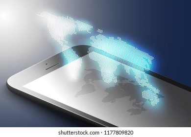 Augmented reality marketing concept. Black color smart phone with world map. AR application background. 3D vector illustration