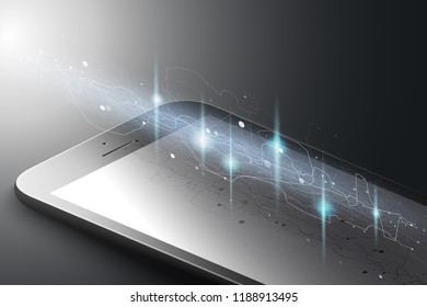 Augmented reality marketing concept. Black color smart phone with energy flow. AR application background. 3D vector illustration