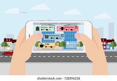 Augmented reality in marketing. Phone in hand, on screen information guide about shopping and entertainment spaces in real time. Vector illustration