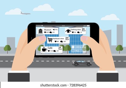 Augmented reality in marketing. Phone in hand, on screen information guide about shopping and entertainment spaces in real time. Vector illustration
