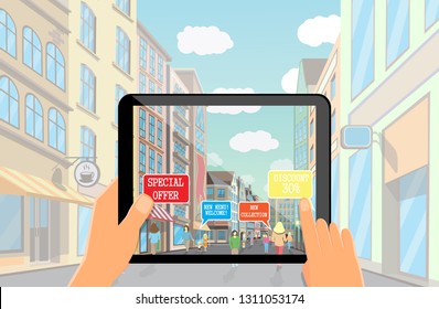 Ilustración vectorial de la tecnología de marketing de realidad aumentada. Manos viendo la calle de la ciudad usando tableta con una aplicación de bar que muestra tiendas e información sobre nuevas colecciones ofertas especiales ofertas de descuentos nuevo menú.