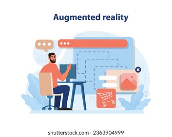 Augmented reality in marketing. VR futuristic technology. Digital promotion in cyberspace or metaverse. Customer data, statistics and experience. Flat vector illustration