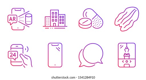 Augmented reality, Medical drugs and Chat message line icons set. 24h service, Smartphone and Pecan nut signs. Buildings, Crane claw machine symbols. Phone simulation, Medicine pills. Vector