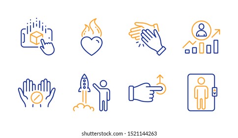 Augmented reality, Medical tablet and Clapping hands line icons set. Career ladder, Drag drop and Launch project signs. Heart flame, Elevator symbols. Phone simulation, Medicine pill. Vector