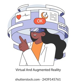 Augmented reality in medicine concept. Healthcare professional uses AR headset for patient monitoring and diagnostic procedures. Flat vector illustration.